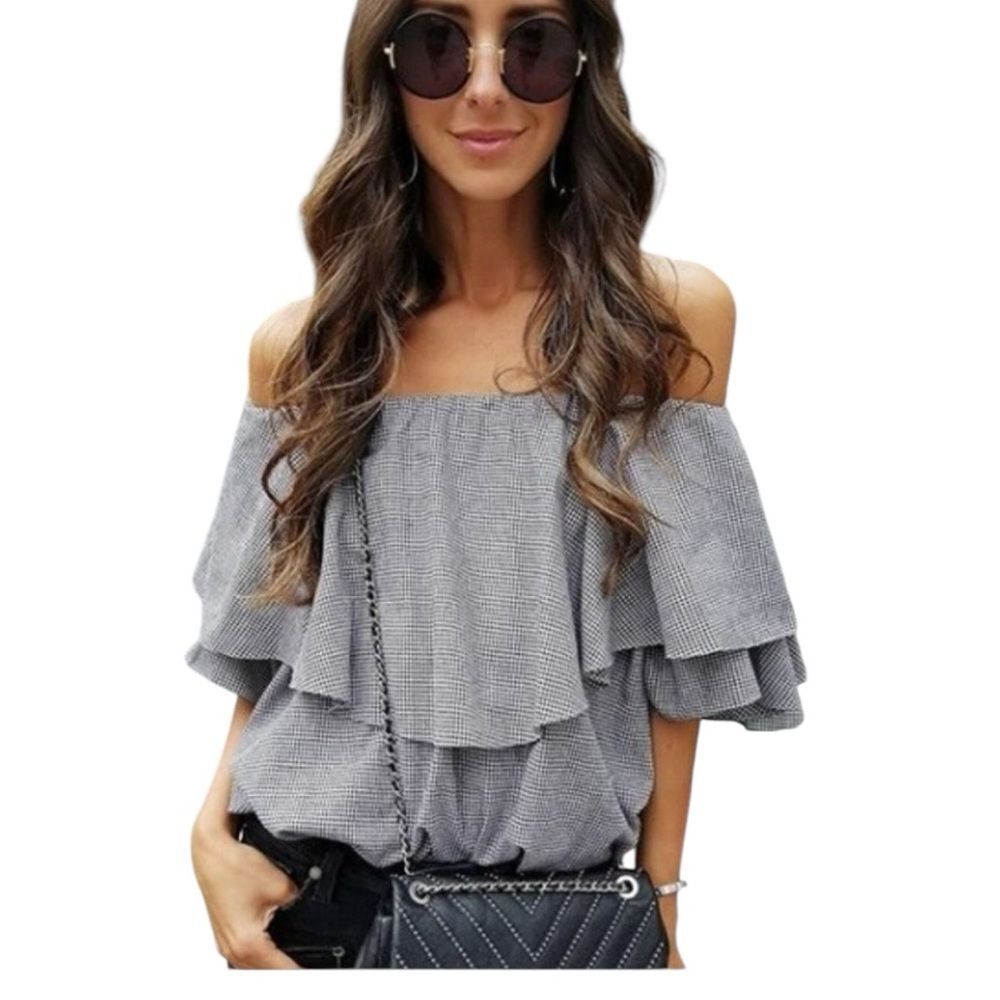 MLM Off-Shoulder black and white checked Ruffle Blouse XS
